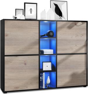 Vladon Highboard Cuba V3, Schwarz matt/Eiche Nordic inkl. LED - Moderne Anrichte mit 12 Fächern (130,5 x 105,5 x 35,5 cm)