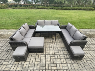 Fimous Terrassen Rattan Gartenmöbel-Set mit Langer rechteckiger Esstisch 3 Fußhockern 12 Sitzer Outdoor Garten Sofa Set Dunkelgrau gemischt