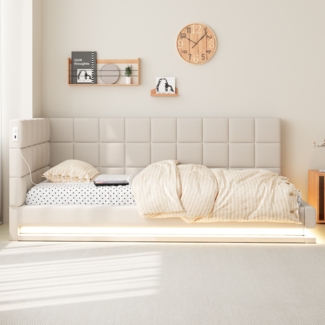 Polsterbett 90x200 cm mit LED-Beleuchtung und USB-Anschluss – Ausziehbares Schlafsofa in Leinen, Beige