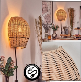 hofstein Wandleuchte Wandlampe aus Metall/Rattan in Schwarz/Naturfarben, ohne Leuchtmittel, Leuchte im Boho-Design mit Gitterschirm und Lichteffekt, E27