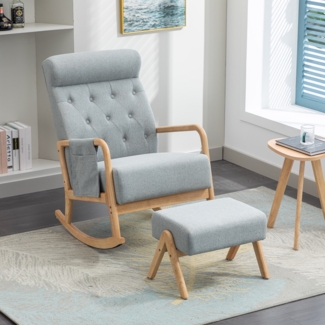 LVHOM Schaukelstuhl Set mit Fußstütze, Relaxsessel, Schwingsessel, Loungsessel, Holzgestell & hoher Lehne, Belastbarkeit 150 kg, Leinen