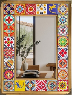 G-LEAF Dekospiegel mit Rahmen in Mosaikfliesen-Optik (1-St, Mosaikspiegel im Mexikanischer Talavera-Keramikstil), Wandspiegel mit Aluminiumrahmen