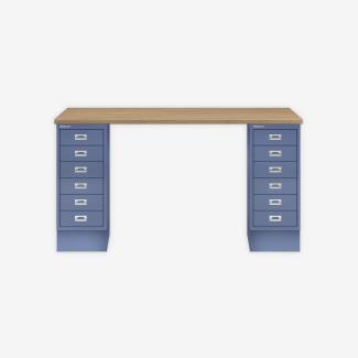 MultiDesk, 2 MultiDrawer mit 6 Schüben, Dekor natürliche Eiche, Farbe Blau, Maße: H 740 x B 1400 x T 600 mm