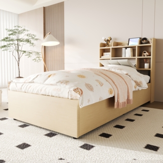 Bett 90x200 cm mit hydraulischem Bettkasten, Kopfteil mit Stauraum und USB- und Type-C-Anschlüssen