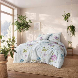 Estella Bio Mako Satin Bettwäsche 135x200 Filipa jade Blüten Anemonen lila 3420-80