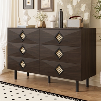Merax Sideboard Eleganter 6-Schubladen Schminktisch mit Rattan-Griff, für Schlafzimmer & Wohnzimmer – Praktischer Stauraum & Stabilität, Holzfarbe