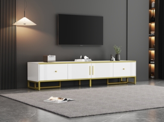 TV-Schrank 180 cm Weiß mit Gold Akzenten, Hochwertiger Fernsehschrank für Wohnzimmer, 2 Türen 2 Schubladen