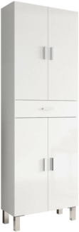 Dmora Großer Mehrzweckschrank Amiga, Badezimmer- oder Wäscheschrank mit 4 Türen und 1 Schublade, Mehrzweck-Schuhschrank, 60 x 29 x 182 cm, glänzendes Weiß