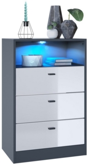 Vladon Kommode Pino V2, Anrichte mit 3 Schubladen & 1 offenem Fach, Anthrazit matt/Weiß Hochglanz mit LED RGB (56 x 86,5 x 36 cm)