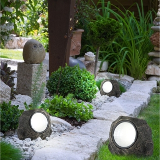 etc-shop Gartenleuchte, LED-Leuchtmittel fest verbaut, 3er Set Stein Design LED Solar Lampe Deko Leuchte IP44 Beleuchtung