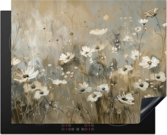 MuchoWow Herd-Abdeckplatte Blumen - Weiß - Natur - Grau - Modern, Vinyl, (1 tlg), Küche Herdabdeckung Ceranfeld Induktionsfeld Vinyl, 60x60 cm