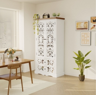 FUFU&GAGA Buffet Geschirrschrank mit geschnitzten Türen, Weiß, HDF, 84×40×168 cm