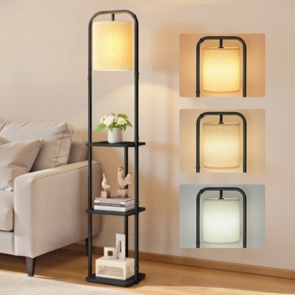 VASAGLE Stehlampe mit 3 Ablagen, Standleuchte, Stehleuchte, LED-Glühbirne inklusive, mit Fußschalter, Lampenschirm aus Stoff, für Wohnzimmer und Schlafzimmer, tintenschwarz