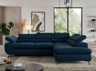 Ecksofa mit Bettfunktion, Modern Sofa, L-form, Einstellbare Kopfstützen, Bettkasten, PEDRO, 1x Ecksofa, Dunkelblau, Velours, rechts