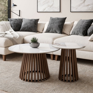 Lookway Couchtisch MARISE 2er Couchtisch-Set – Hochglanz Sinterkeramik & Lamellen (2er Set), Durchmesser: ⌀80 cm und ⌀50 cm