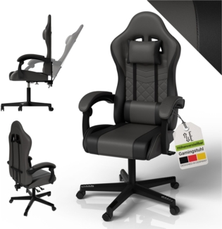 Juskys Gamingstuhl HyperSeat, verstellbare Rückenlehne, höhenverstellbarer Drehstuhl, Kunstleder, ergonomisch, für Büro & Gaming Setup – Grau/schwarz