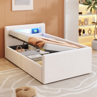 Merax Polsterbett Einzelbett Kinderbett 90*200 cm, Mit LED-Licht, Mit Nachtlicht und USB-Ladeanschluss, Mit Regal, Mit Hydraulischem Stauraum, Samt, Beige