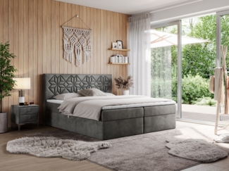 Boxspringbett, Doppelbett mit Multipocket-Matratzen und Topper, dekoratives Kopfteil - LEILA - 200 x 200 cm - Dunkelgrau Velours - H4