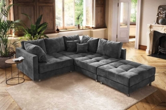 Moderne Ecksofa Kent 220cm grau Samt Sofa Federkern inkl. Hocker und Kissen Wohnlandschaft Couch Eckcouch
