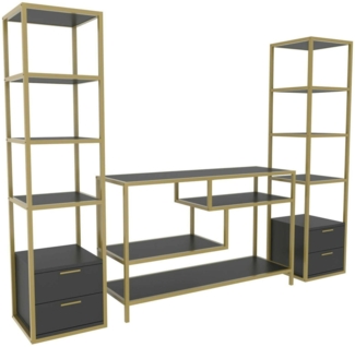 Dmora Wohnzimmermöbel Felion, Modulares Wohnzimmerset, Mehrzweck-Wohnzimmermöbel, Moderner TV-Schrank, 198x39h160 cm, Gold und Anthrazit