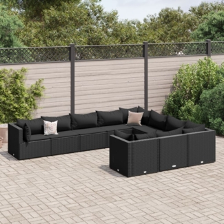 vidaXL 10-tlg. Garten-Sofagarnitur mit Kissen Schwarz Poly Rattan 3308331