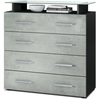 Vladon Sideboard Pavos V2, Kommode mit 4 Schubladen und Glasablage, Schwarz matt/Beton Oxid Optik (76 x 81 x 35 cm)