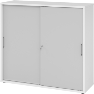 bümö Schiebetürenschrank 3OH - Aktenschrank abschließbar, Sideboard Schrank mit Schiebetüren in Weiß/Grau, Bügelgriff - Büroschrank aus Holz mit Schiebetür, Büro Kommode für Ordner & Co, 1753S-W-5-BS