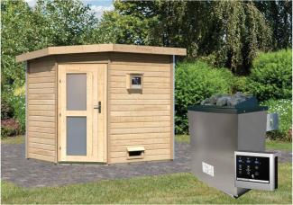 Karibu Sauna Mikka naturbelassen + 9 kW Saunaofen mit ext. Steuerung Easy Moderne Tür