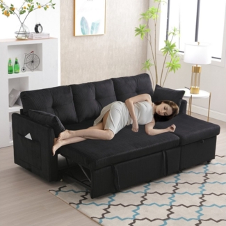 LVHOM Loungesofa Ecksofa,Ottomane,Schlaffunktion,Stauraum,2 Kissen,Seitentasche,Modular, links/rechts reversibler Chaiselongue = Umsetzbare Polsterliege, Sofa & Bett in Einem, Gästebett/Polsterbett/Daybett/Schlafsofa/Loungesofa, Max. 3 Personen