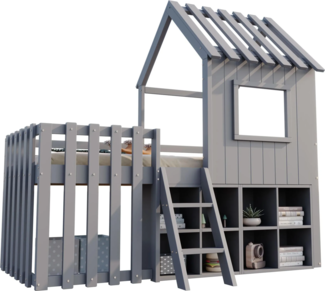 Kinderbett mit Regal, Leiter und Lattenrost, 90x200 cm, Rausfallschutz, Holzbett, Jugendbett, Einzelbett, Kiefer