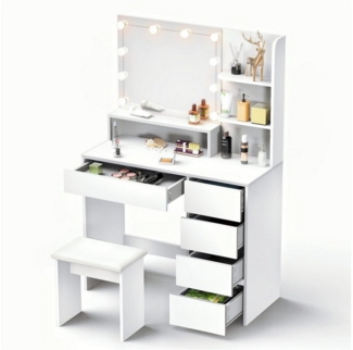 oyajia Schminktisch Schminktisch mit LED-Beleuchtung, Spiegel und Hocker, 94x40x140 cm (Frisiertisch Kosmetiktisch Hollywood, Set), für kleine bis mittelgroße Räume geeignet ist