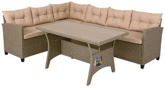 Casaria Gartenlounge-Set Lissabon, Polyrattan WPC Esstisch Eckbank 15cm Kissen 7cm Auflagen Wetterfest