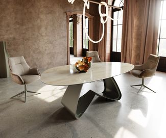 Esstisch Edge Oval 220x120 Keramik Iris FMG Onice Oro W-Gestell Metall Effektfinish Titan