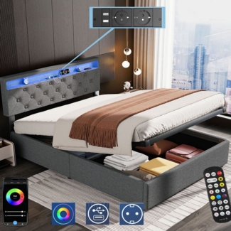 oyajia Polsterbett Doppelbett mit LED Licht 140x200 cm,Hydraulisch anhebbarer Stauraumbett, Modernes Jugendbett, Leises Design Bett, Max. Belastbarkeit 350 kg