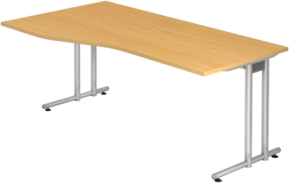 bümö Schreibtisch groß, N-Serie 180x100 cm, Tischplatte aus Holz in Buche, Gestell aus Metall in Silber - PC Tisch, großer Computertisch für's Büro, Office Bürotisch, NS-18-6-S