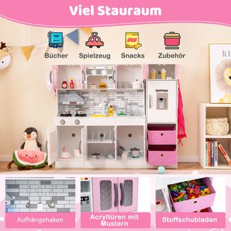 Holz-Küchenspielset mit Licht & Sound große modulare Spielküche und Kühlschrank Rosa