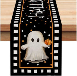 LAPAPRO Tischläufer Halloween Tischläufer Leinen mit Kürbis Gruselig Geist Candy Boo Druck, 1 Stück, 33x183 cm