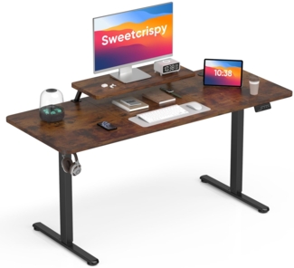 Sweetcrispy Höhenverstellbarer Schreibtisch mit Monitorständer, 160 x 60 cm Schreibtisch Höhenverstellbar Elektrisch, Ergonomischer Steh-Sitz Tisch, Computertisch Standing Desk, Vintagebraun