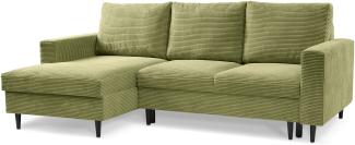 Selsey 'Nalika' Ecksofa mit Schlaffunktion, Kordsamt-Bezug, pistaziengrün, linksseitig, 90 x 230 x 143 cm