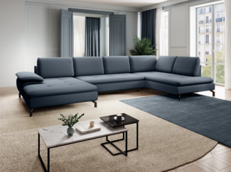 Vente-unique - Große Wohnlandschaft mit Schlaffunktion - Ecke rechts - Strukturstoff - Blau - ARCHIBALD