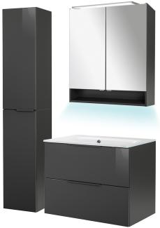 Fackelmann LUNA Badmöbel Set 5-teilig, 80 cm breit, Anthrazit, Glas Weiß+Spiegelschrank+Hochschrank