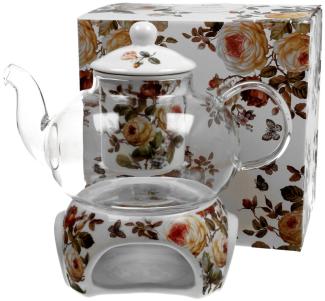 DUO FLORAL Teekanne 1000 ml ZAHRA mit Stövchen, Glas - New Bone China Porzellan