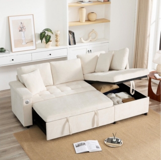 TavilaEcon Ecksofa L-Sofa mit ausziehbarer Liegefäche & USB-Ladegerät für 3–4 Personen, Stauraum unter den Armlehnen und Sitzen, 209×130×84cm, Beige