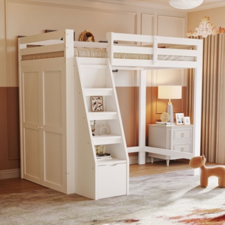 Merax Hochbett Kinderbett Einzelbett 90x200cm mit Stauraum-Treppe und Kleiderschrank, weiß