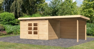Gartenhaus Kandern 7 - 364x244 cm inkl. Anbaudach 3,20m mit Rückwand, 28 mm Holz naturbelassen, Karibu