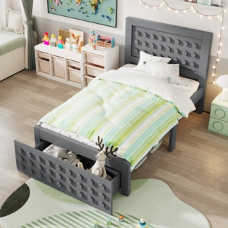 Merax Holzbett Einzelbett 90x200 cm, Kinderbett Jugendbett mit Kreativem Block Design, Massivholz Bettgestell, mit Schubladen, Grau