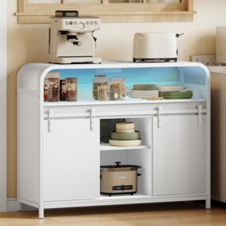 Kchenschrank mit LED-Beleuchtung, Sideboard mit Steckdosenleiste, Aufbewahrungsschrank mit 2 Schiebetren, verstellbare Trennw?nde, Kche, Esszimmer, 35 x 100 x 80 cm, Wei?