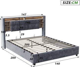 Bett 140x200 cm in grauem Samt mit Gasdruckmechanismus, LED-Beleuchtung und USB-Anschlssen