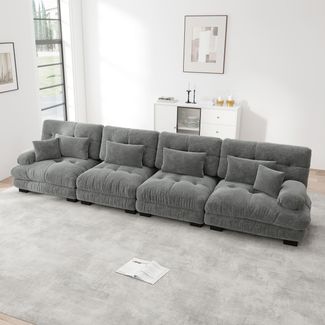 Flieks 4-Sitzer Sofa, Cloud Sofa aus Chenille mit 4 Lenden- & 2 Dekokissen, Grau