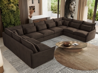 XXL U-förmige Ecksofa, modulares Ecksofa mit losen Kissen, Wohnlandschaft, universelles Ecksofa für das Wohnzimmer - VERSO U 9M - Braun Velours